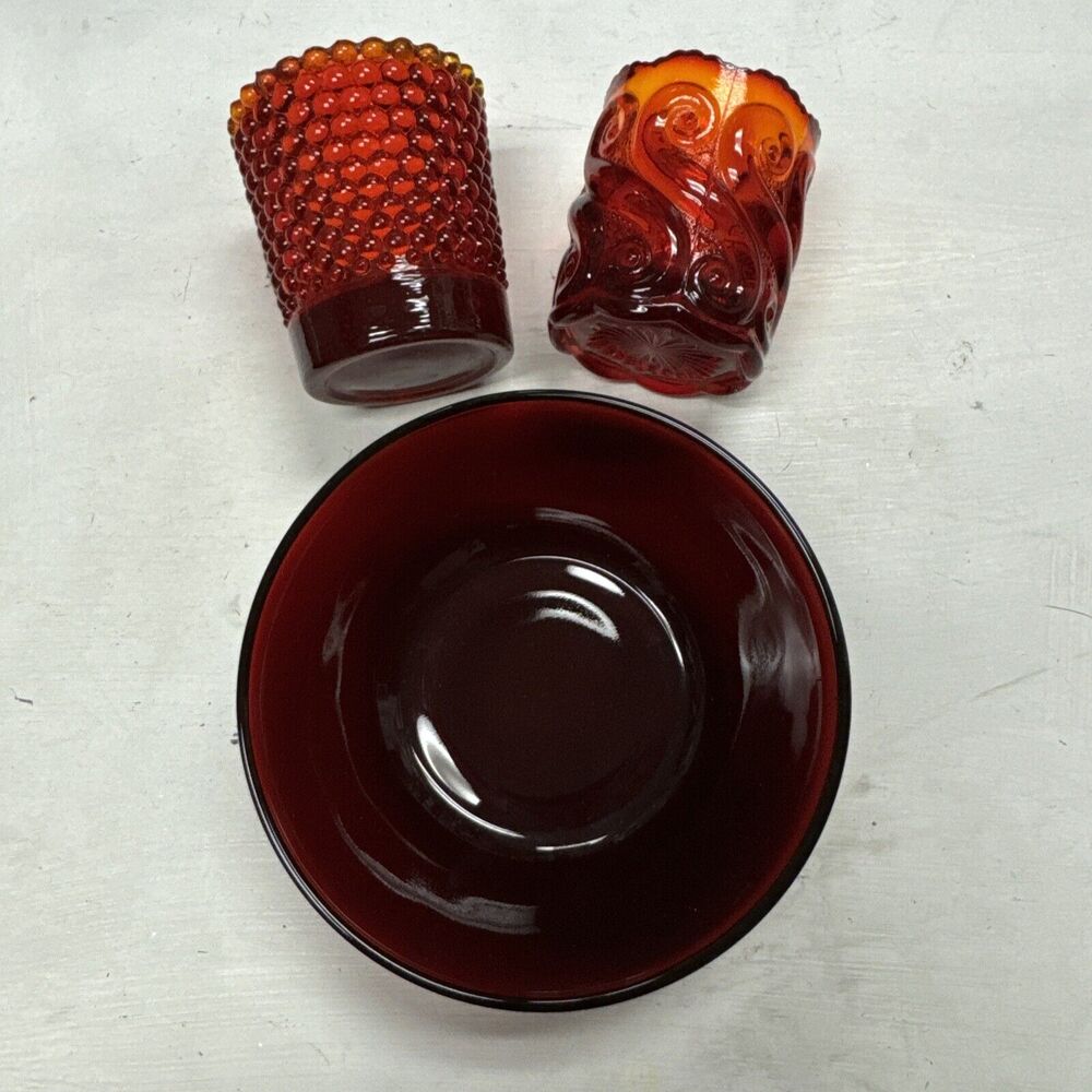 Lot Of 3 RED Vtg L.G. Wright S Repeat Pattern Glass Toothpick‎ Votive Holders +